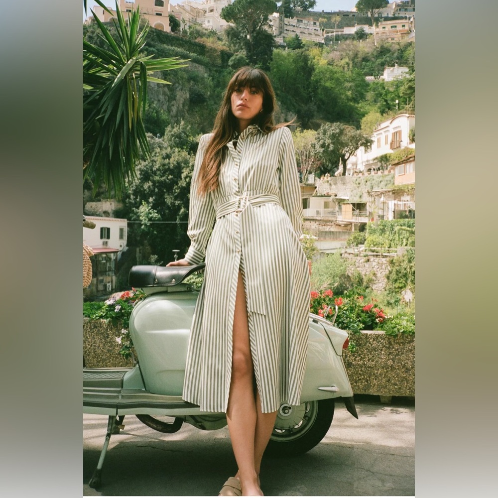 Zara Green and White Striped Long Sleeve Dress